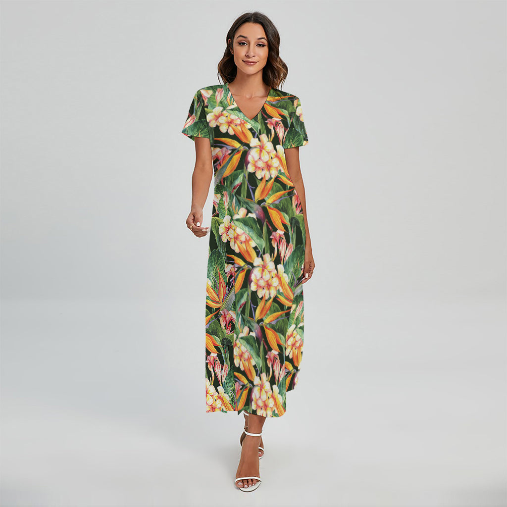 Watercolor Bird Of Paradise Print Short Sleeve Maxi Dress