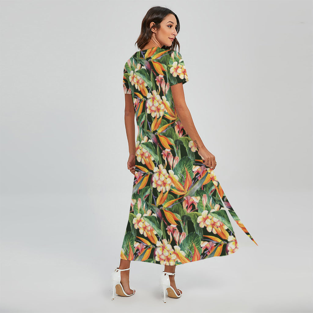 Watercolor Bird Of Paradise Print Short Sleeve Maxi Dress