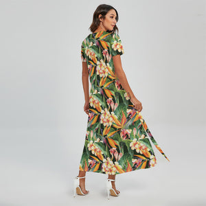 Watercolor Bird Of Paradise Print Short Sleeve Maxi Dress