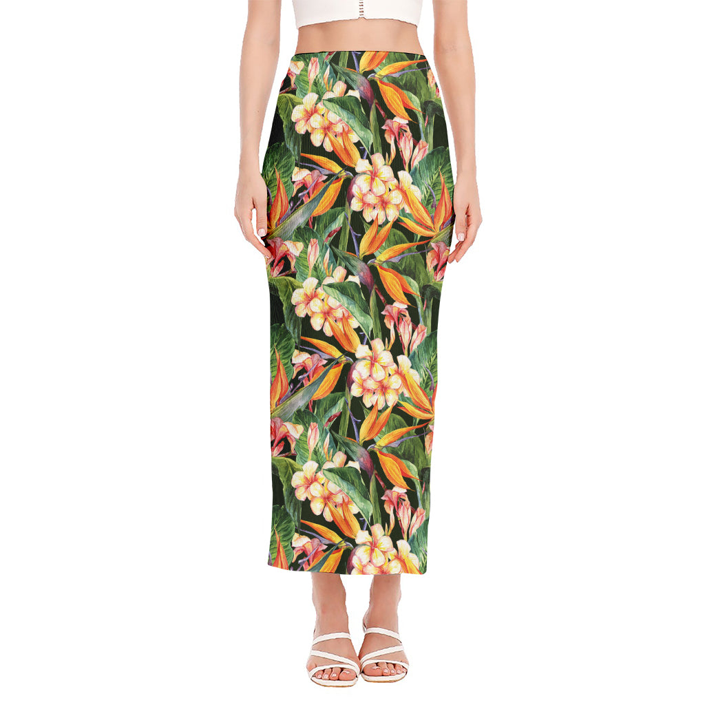 Watercolor Bird Of Paradise Print Side Slit Maxi Skirt