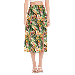 Watercolor Bird Of Paradise Print Side Slit Midi Skirt