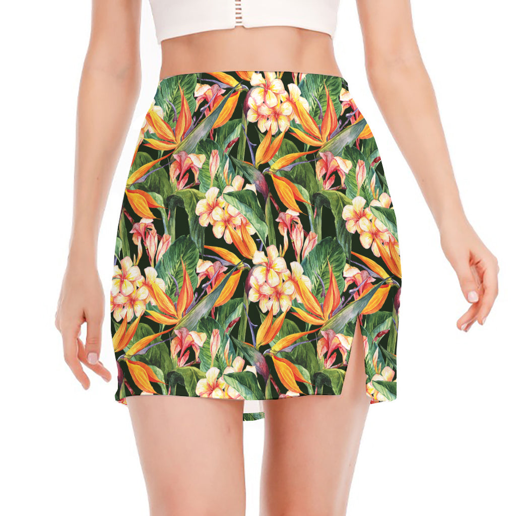 Watercolor Bird Of Paradise Print Side Slit Mini Skirt