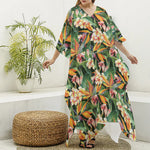 Watercolor Bird Of Paradise Print Silk V-Neck Kaftan Dress