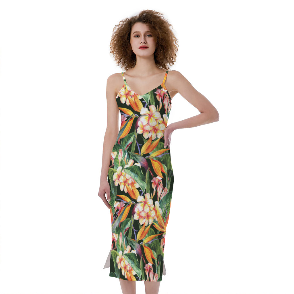 Watercolor Bird Of Paradise Print Slim Fit Midi Cami Dress