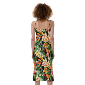 Watercolor Bird Of Paradise Print Slim Fit Midi Cami Dress