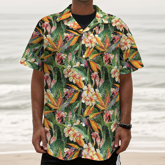 Watercolor Bird Of Paradise Print Textured Short Sleeve Shirt
