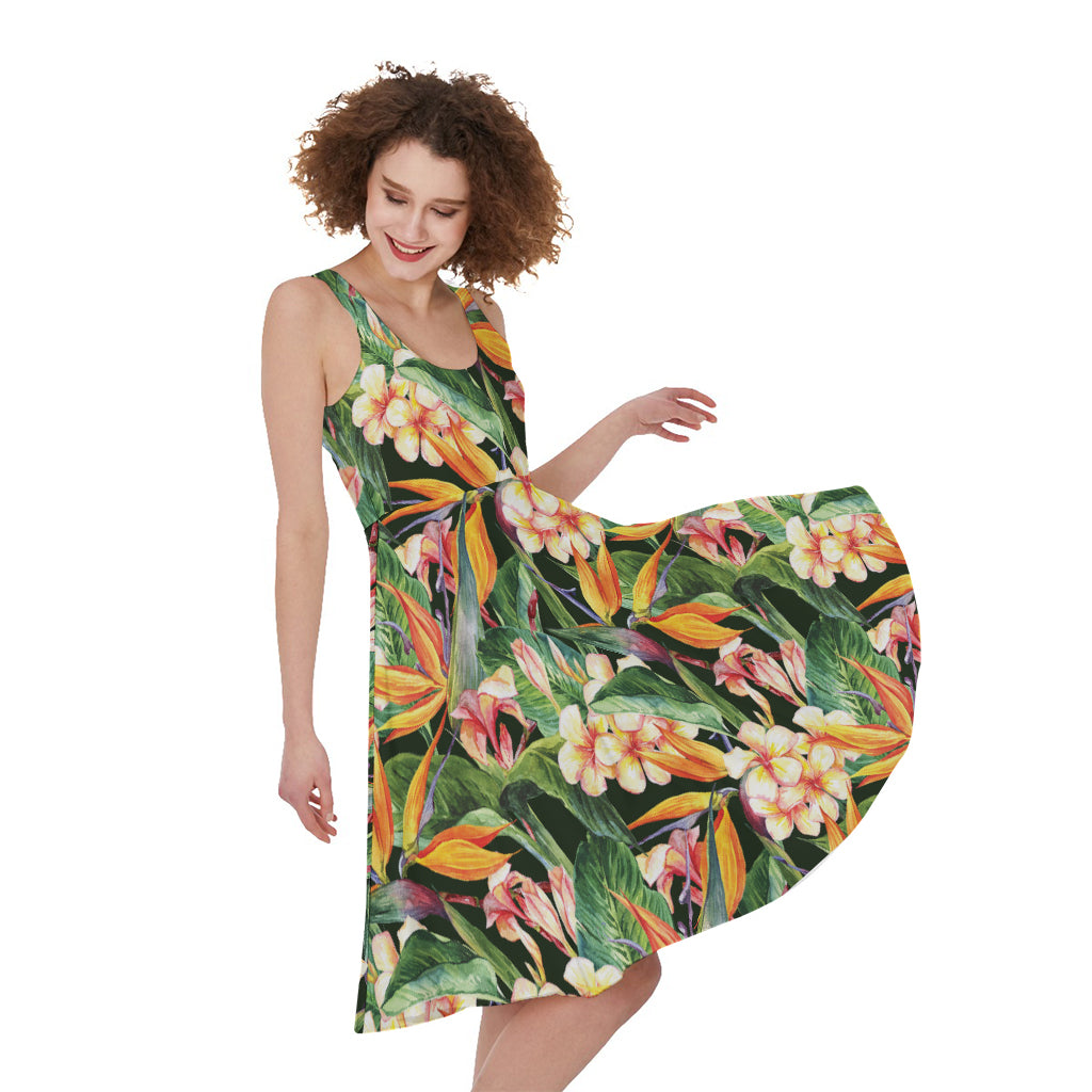 Watercolor Bird Of Paradise Print Women's Sleeveless Dress