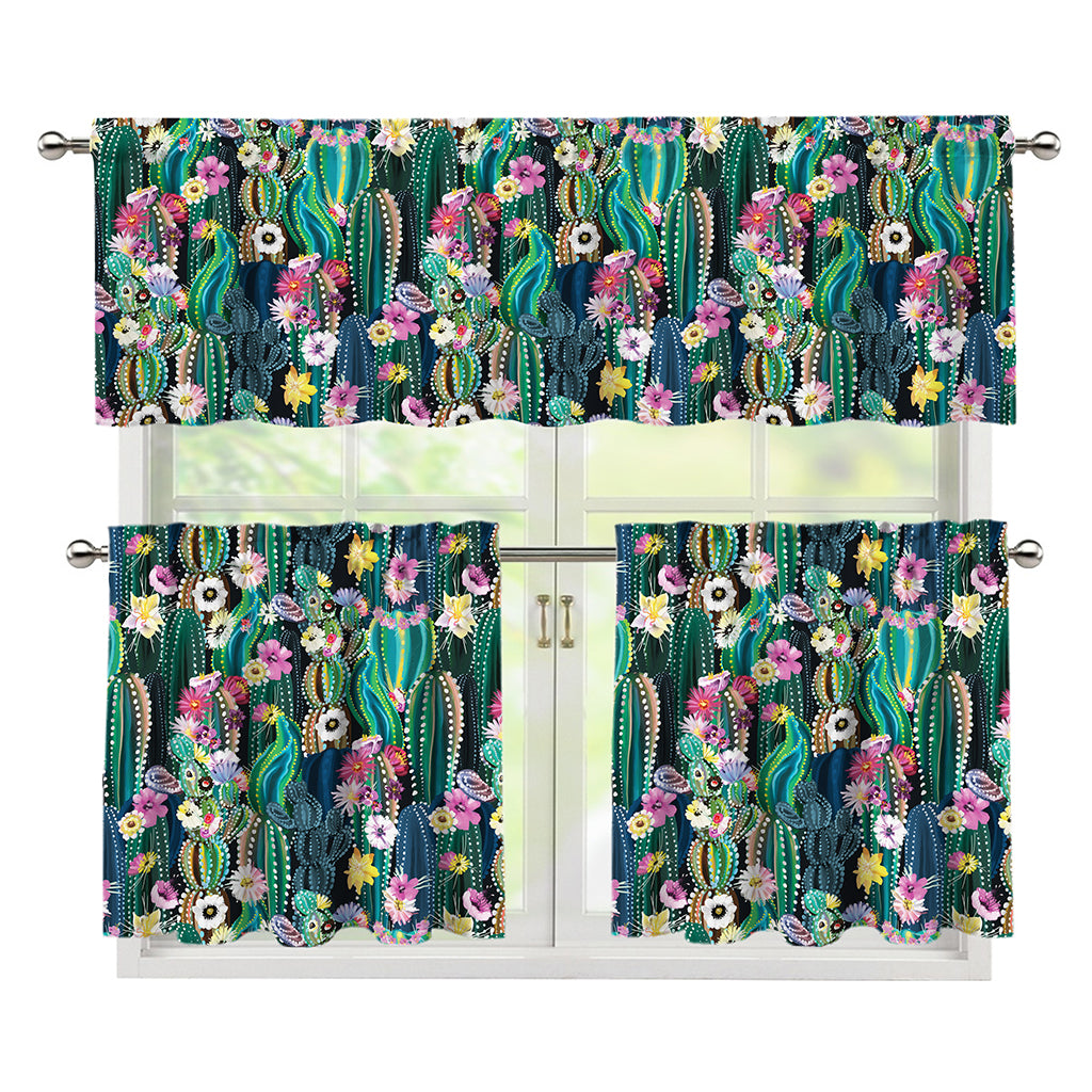 Watercolor Blooming Cactus Print 3 Piece Kitchen Curtains