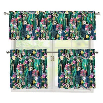 Watercolor Blooming Cactus Print 3 Piece Kitchen Curtains