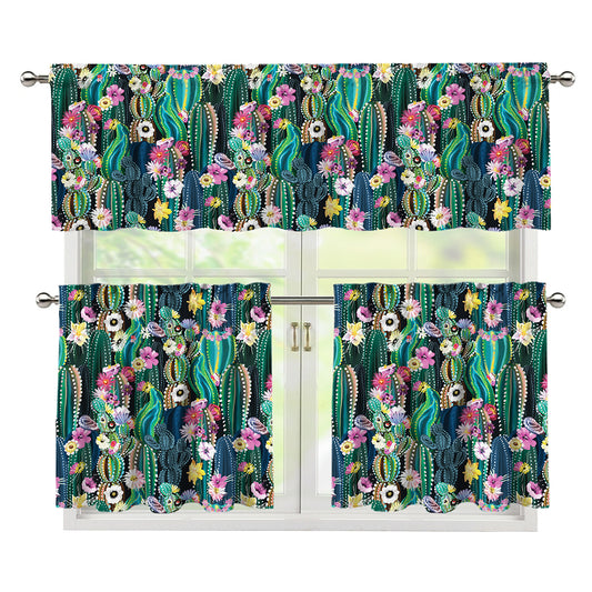 Watercolor Blooming Cactus Print 3 Piece Kitchen Curtains