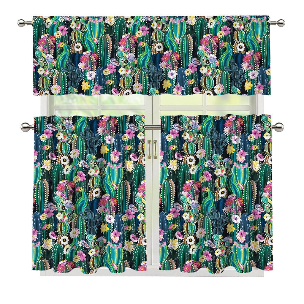 Watercolor Blooming Cactus Print 3 Piece Kitchen Curtains