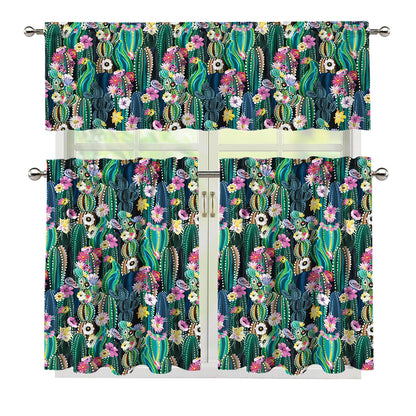 Watercolor Blooming Cactus Print 3 Piece Kitchen Curtains