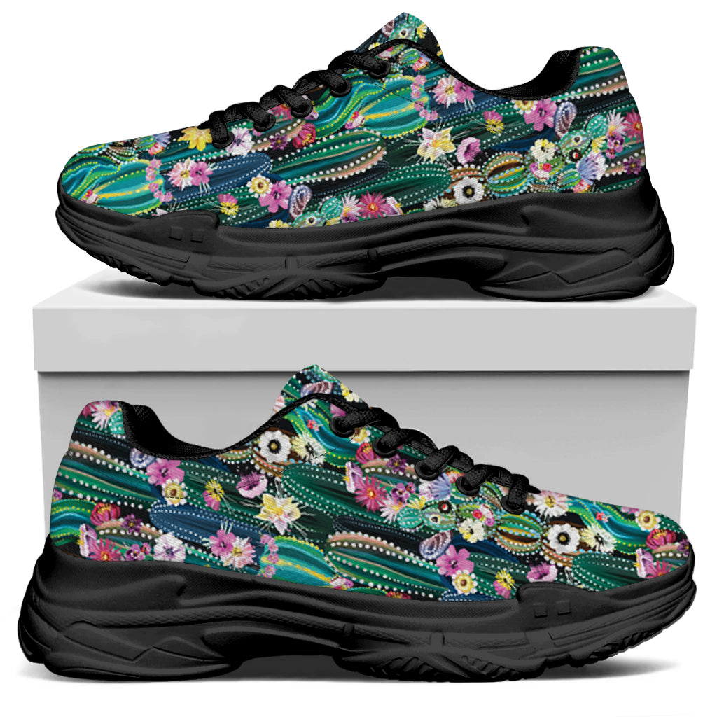 Watercolor Blooming Cactus Print Black Chunky Shoes