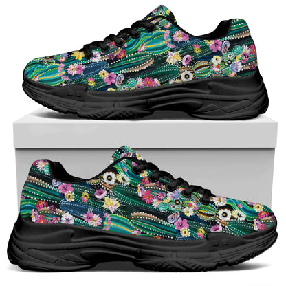 Watercolor Blooming Cactus Print Black Chunky Shoes