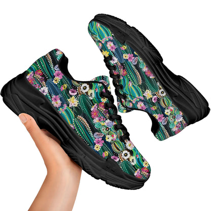 Watercolor Blooming Cactus Print Black Chunky Shoes