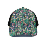 Watercolor Blooming Cactus Print Black Mesh Trucker Cap