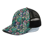 Watercolor Blooming Cactus Print Black Mesh Trucker Cap