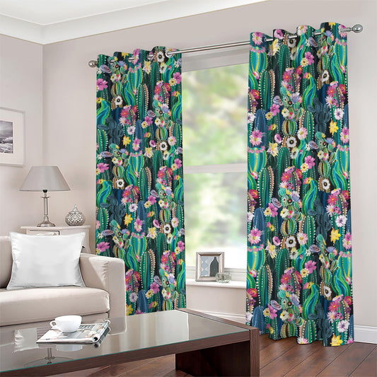 Watercolor Blooming Cactus Print Blackout Grommet Curtains