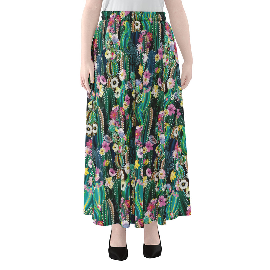 Watercolor Blooming Cactus Print Chiffon Maxi Skirt