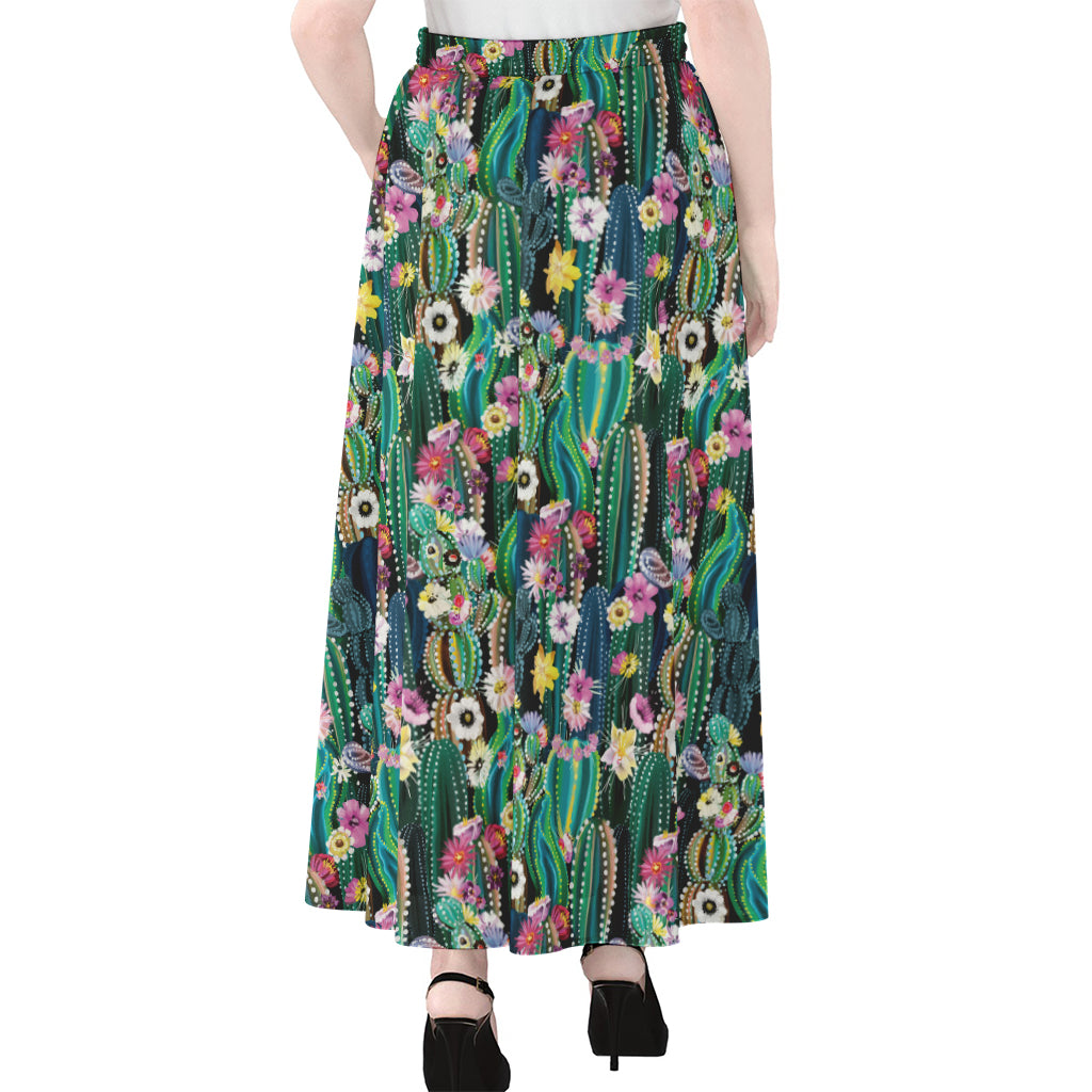 Watercolor Blooming Cactus Print Chiffon Maxi Skirt
