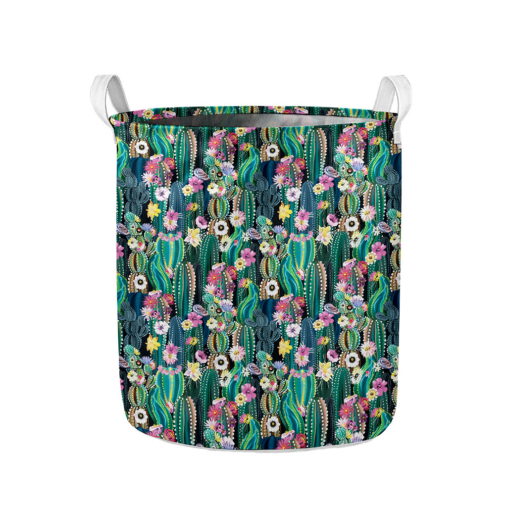 Watercolor Blooming Cactus Print Collapsible Laundry Basket