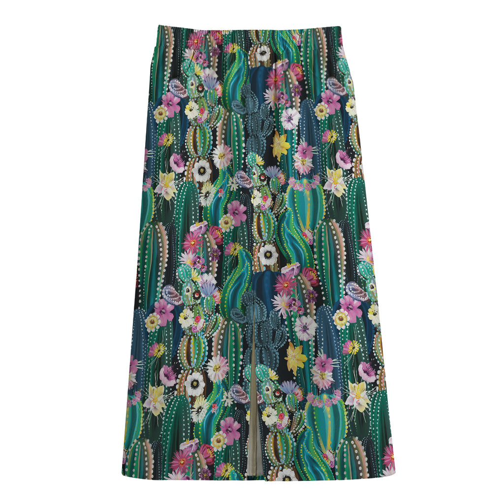Watercolor Blooming Cactus Print Cotton Front Slit Maxi Skirt