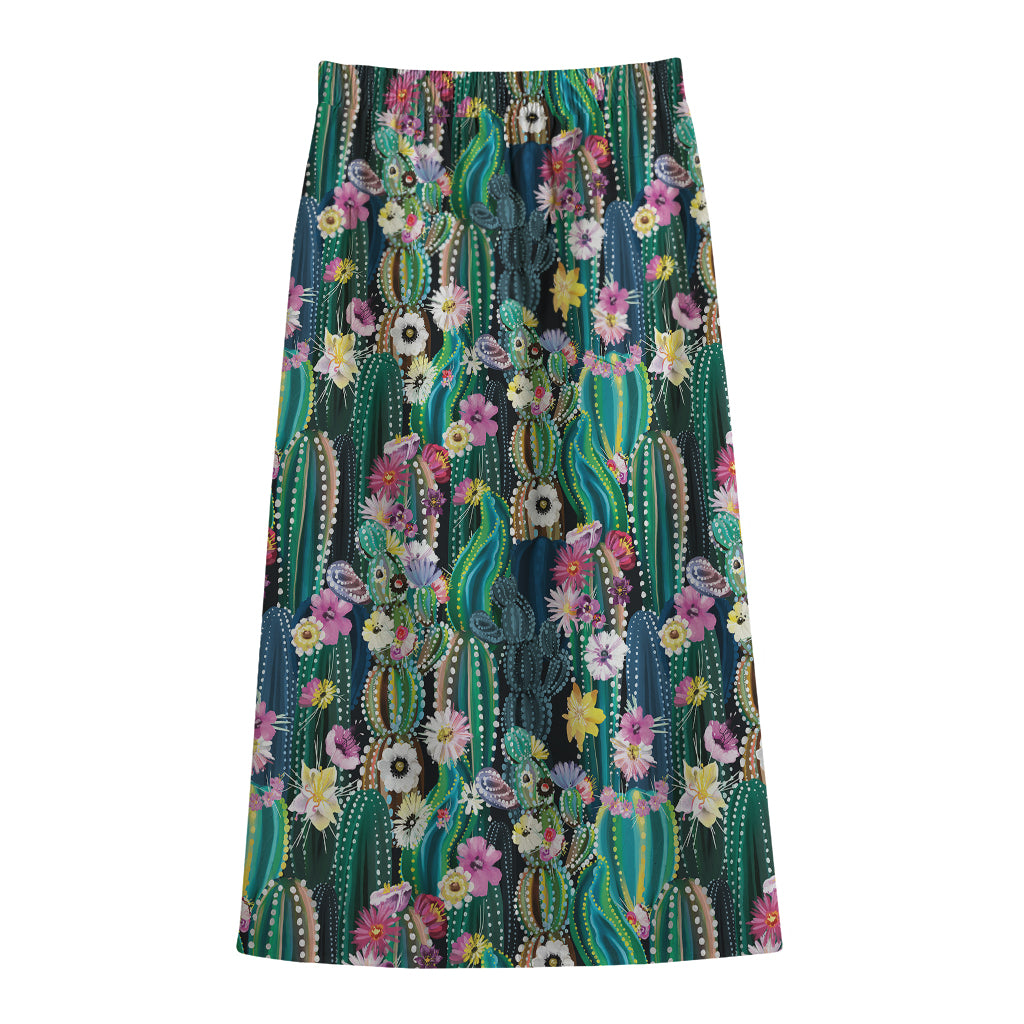 Watercolor Blooming Cactus Print Cotton Front Slit Maxi Skirt