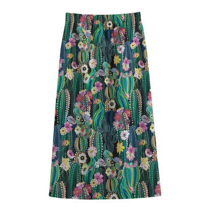 Watercolor Blooming Cactus Print Cotton Front Slit Maxi Skirt