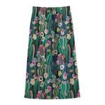 Watercolor Blooming Cactus Print Cotton Front Slit Maxi Skirt
