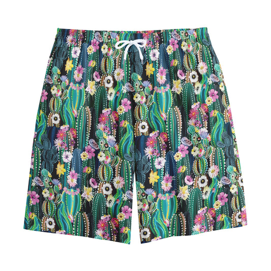 Watercolor Blooming Cactus Print Cotton Shorts