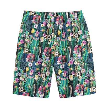 Watercolor Blooming Cactus Print Cotton Shorts