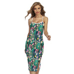 Watercolor Blooming Cactus Print Cross Back Cami Dress