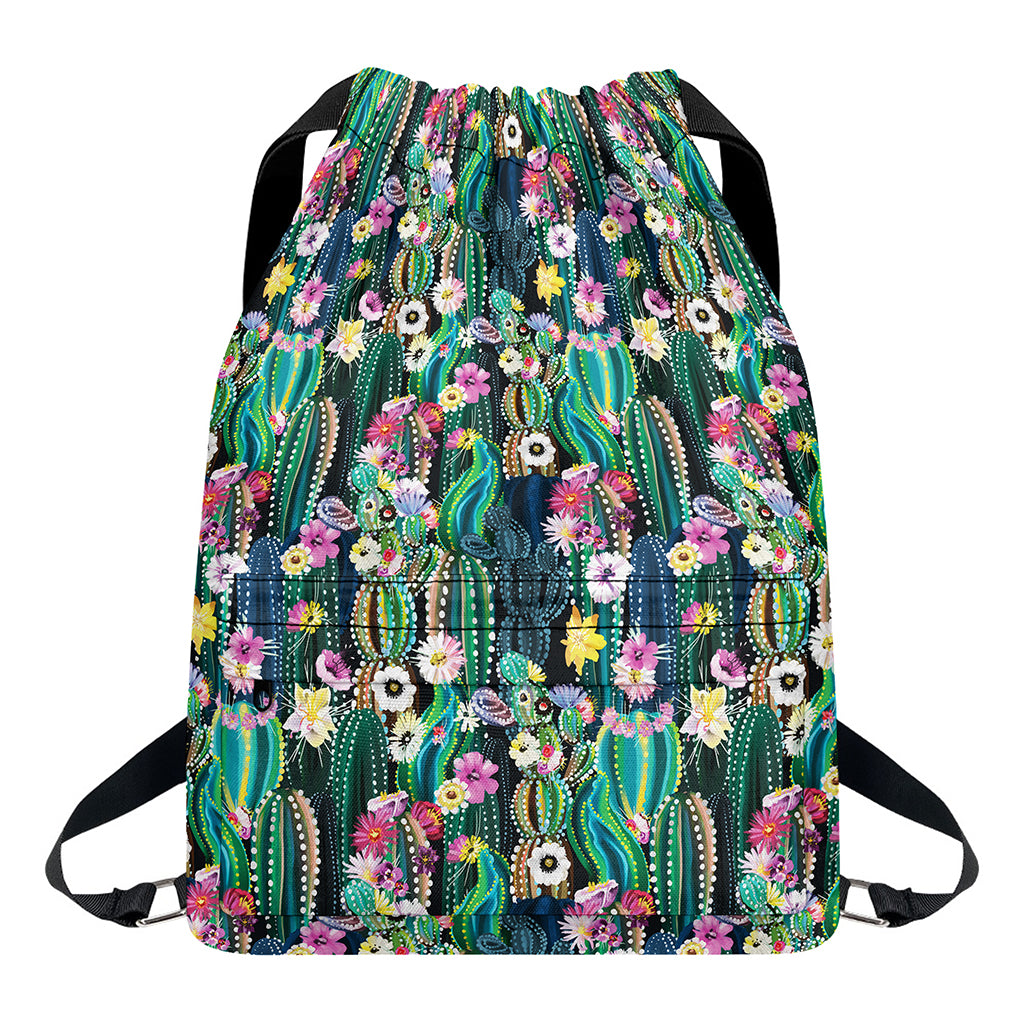 Watercolor Blooming Cactus Print Drawstring Backpack