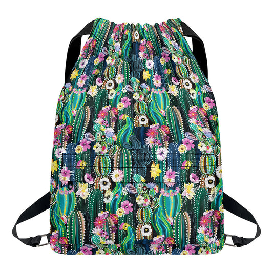 Watercolor Blooming Cactus Print Drawstring Backpack