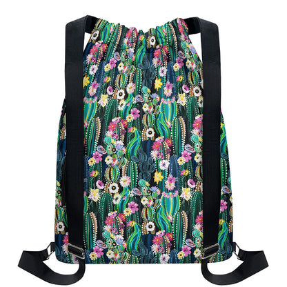 Watercolor Blooming Cactus Print Drawstring Backpack