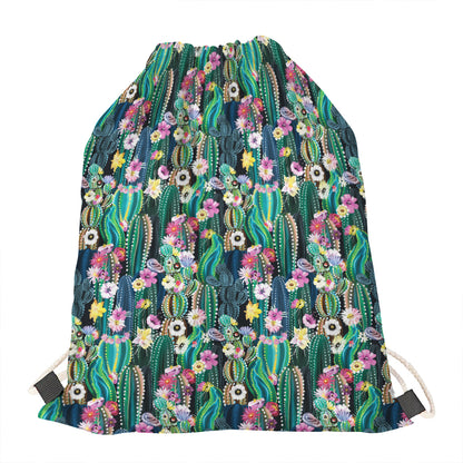 Watercolor Blooming Cactus Print Drawstring Bag