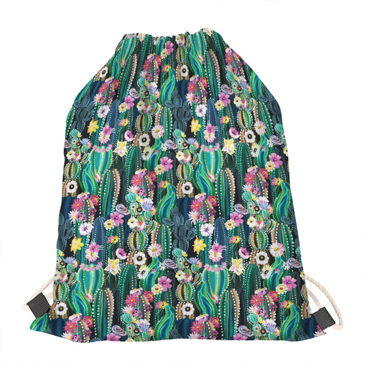 Watercolor Blooming Cactus Print Drawstring Bag