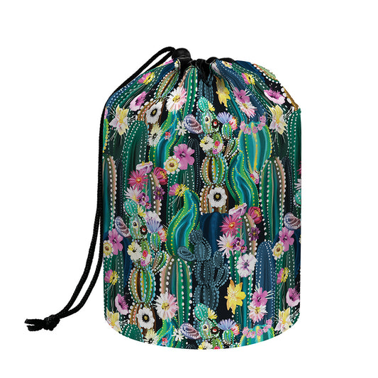 Watercolor Blooming Cactus Print Drawstring Makeup Bag
