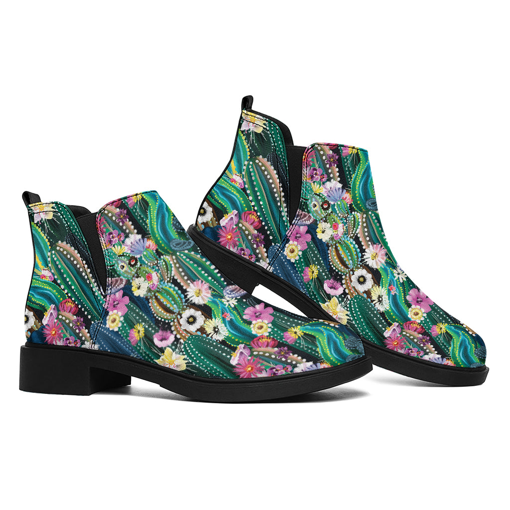 Watercolor Blooming Cactus Print Flat Ankle Boots