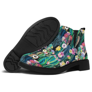 Watercolor Blooming Cactus Print Flat Ankle Boots