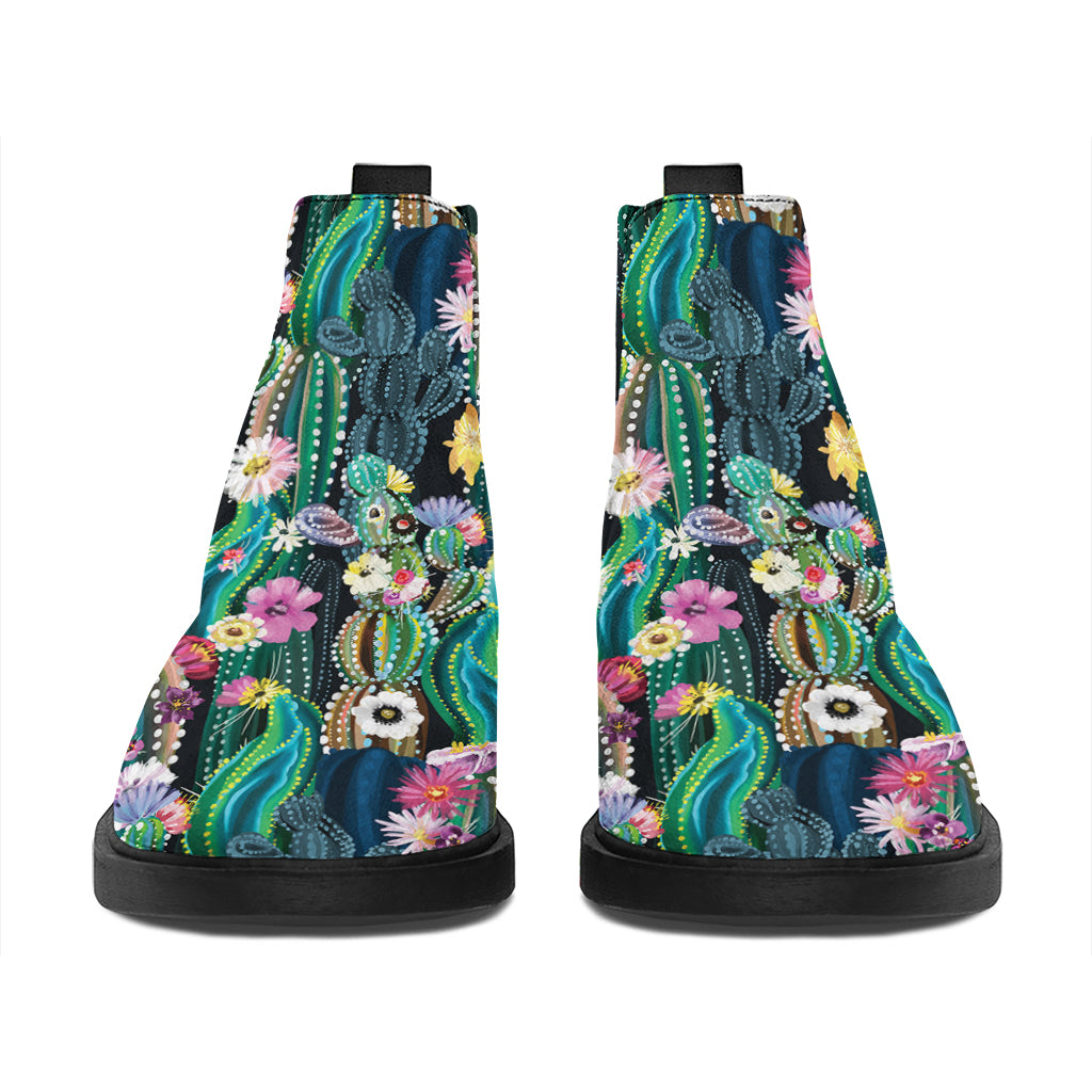 Watercolor Blooming Cactus Print Flat Ankle Boots