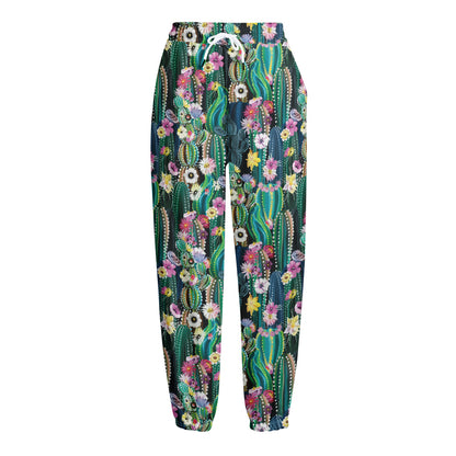 Watercolor Blooming Cactus Print Fleece Lined Knit Pants