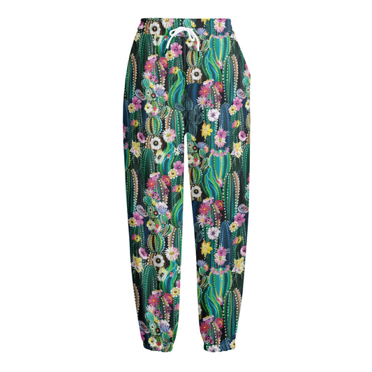 Watercolor Blooming Cactus Print Fleece Lined Knit Pants