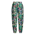 Watercolor Blooming Cactus Print Fleece Lined Knit Pants