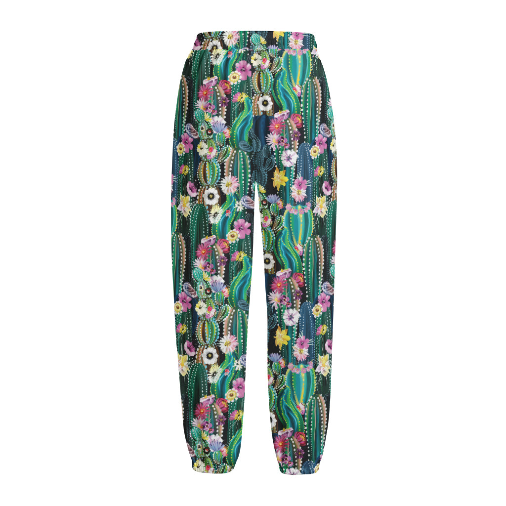 Watercolor Blooming Cactus Print Fleece Lined Knit Pants