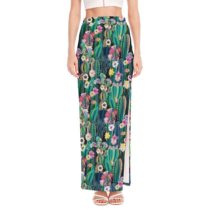 Watercolor Blooming Cactus Print High Slit Maxi Skirt