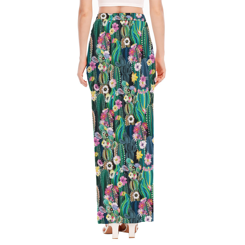 Watercolor Blooming Cactus Print High Slit Maxi Skirt