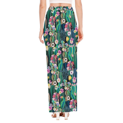 Watercolor Blooming Cactus Print High Slit Maxi Skirt