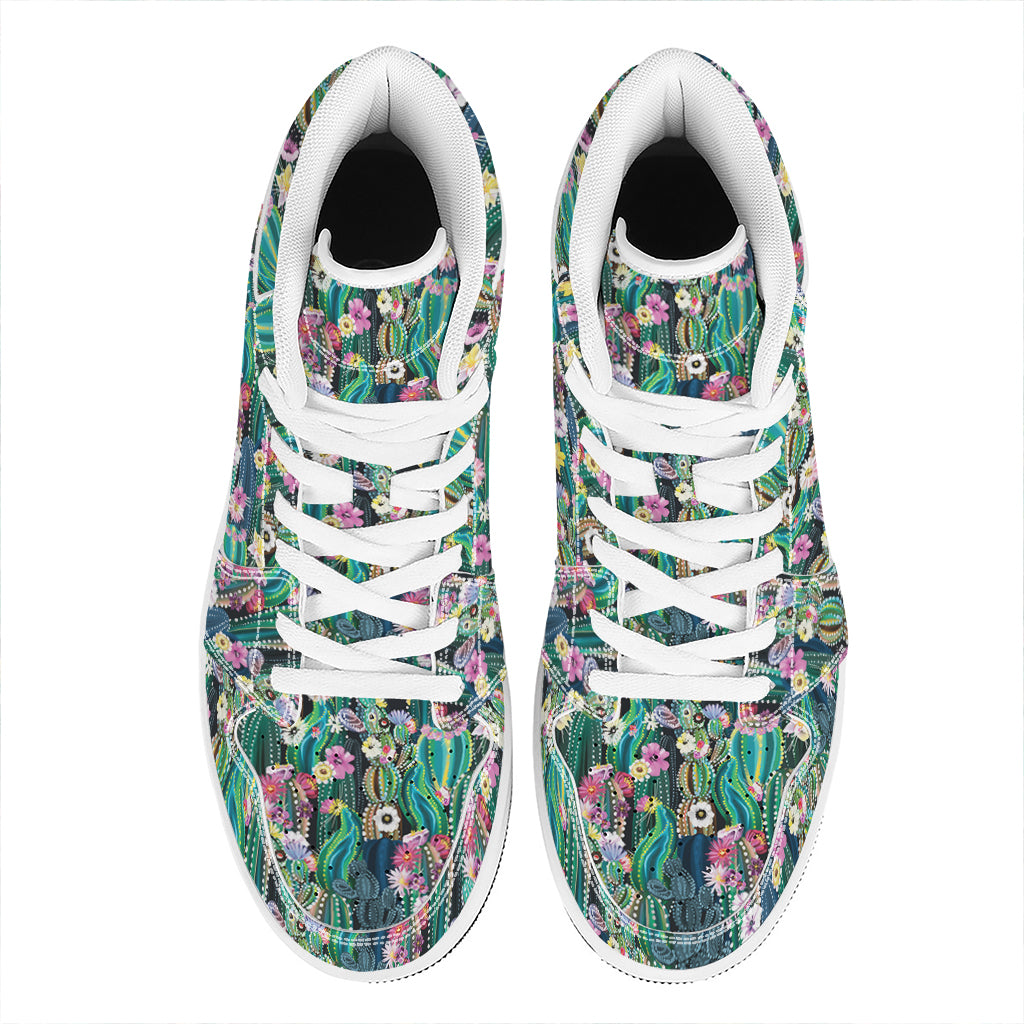 Watercolor Blooming Cactus Print High Top Leather Sneakers