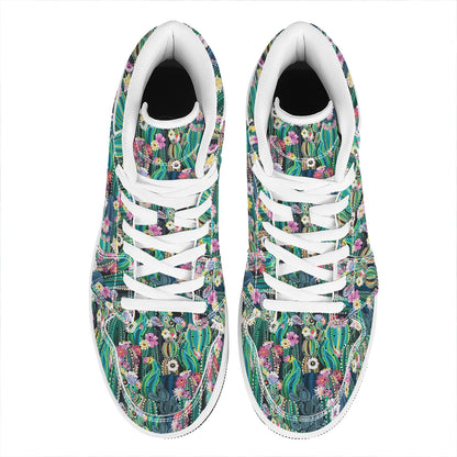 Watercolor Blooming Cactus Print High Top Leather Sneakers